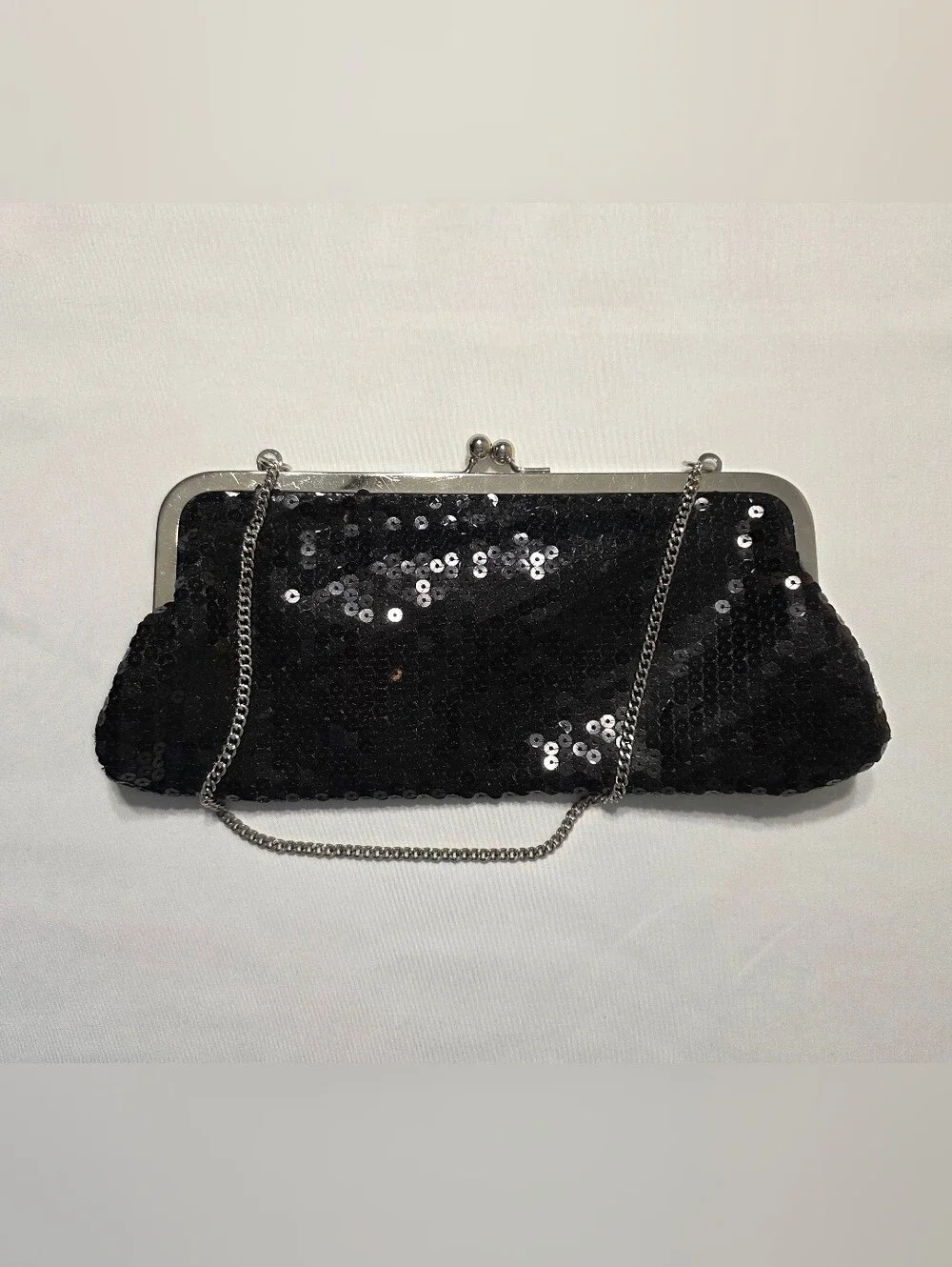 LOFT Black Sequin Evening Clutch with Silver Chain